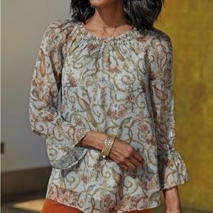 Soft Surroundings Aitana Blouse Bird Floral Sheer Boho Top L